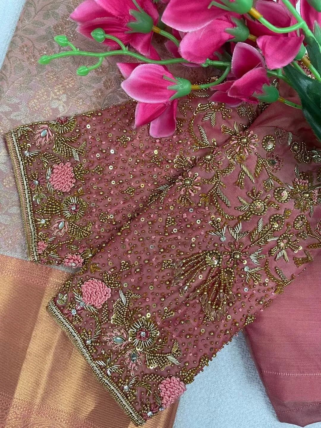 Hand Embroidered Bridal Aari Work Blouse – Rose Gold Cutwork Scalloped Neckline with Heavy Floral Sequin Sleeves