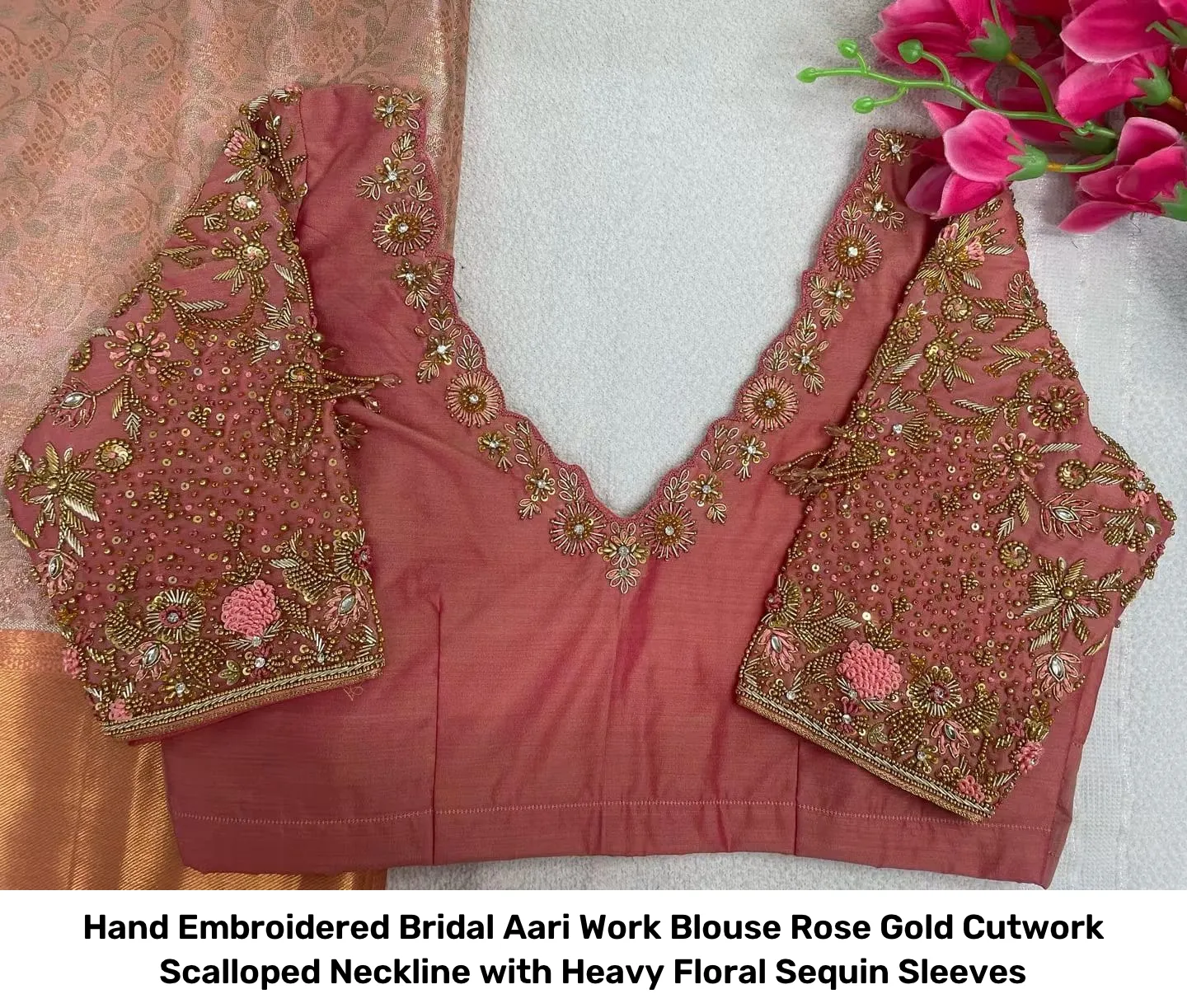 Hand Embroidered Bridal Aari Work Blouse – Rose Gold Cutwork Scalloped Neckline with Heavy Floral Sequin Sleeves 2