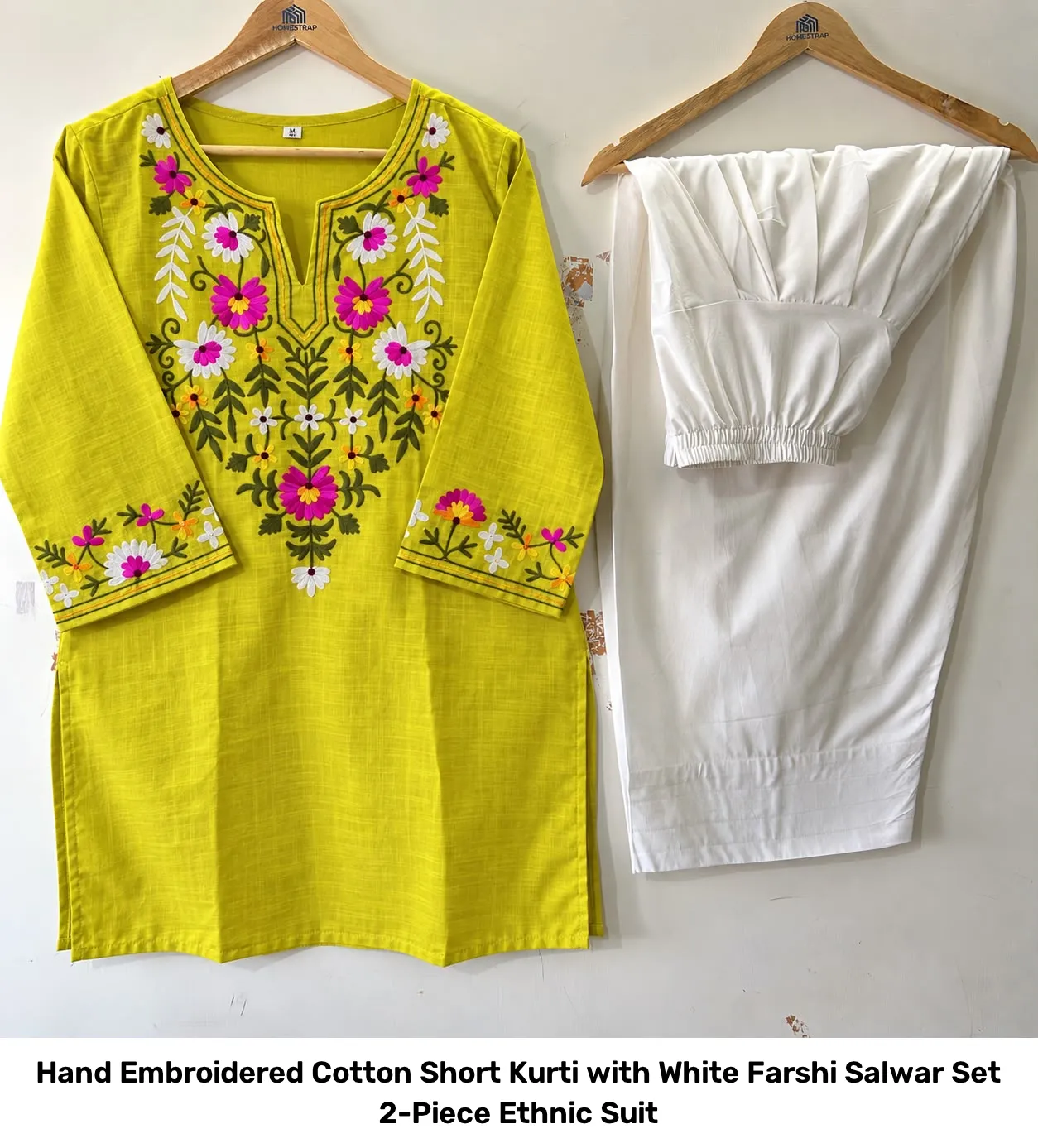 Hand Embroidered Cotton Short Kurti with White Farshi Salwar Set – 2-Piece Ethnic Suit 2