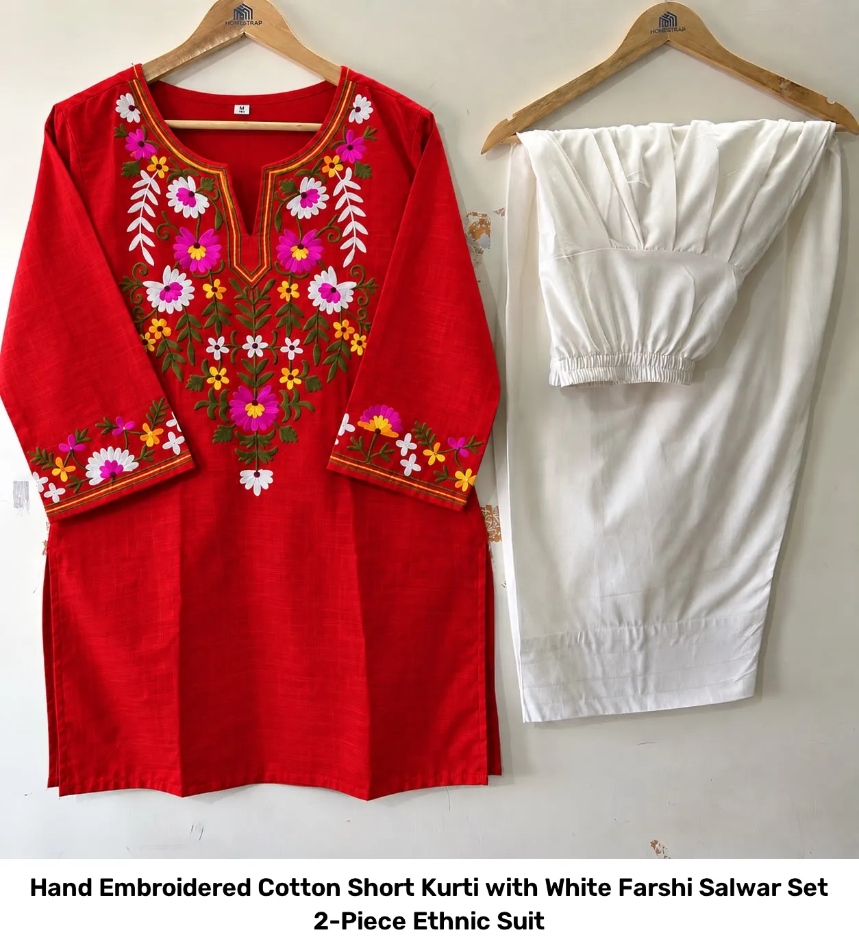 Hand Embroidered Cotton Short Kurti with White Farshi Salwar Set – 2-Piece Ethnic Suit 3