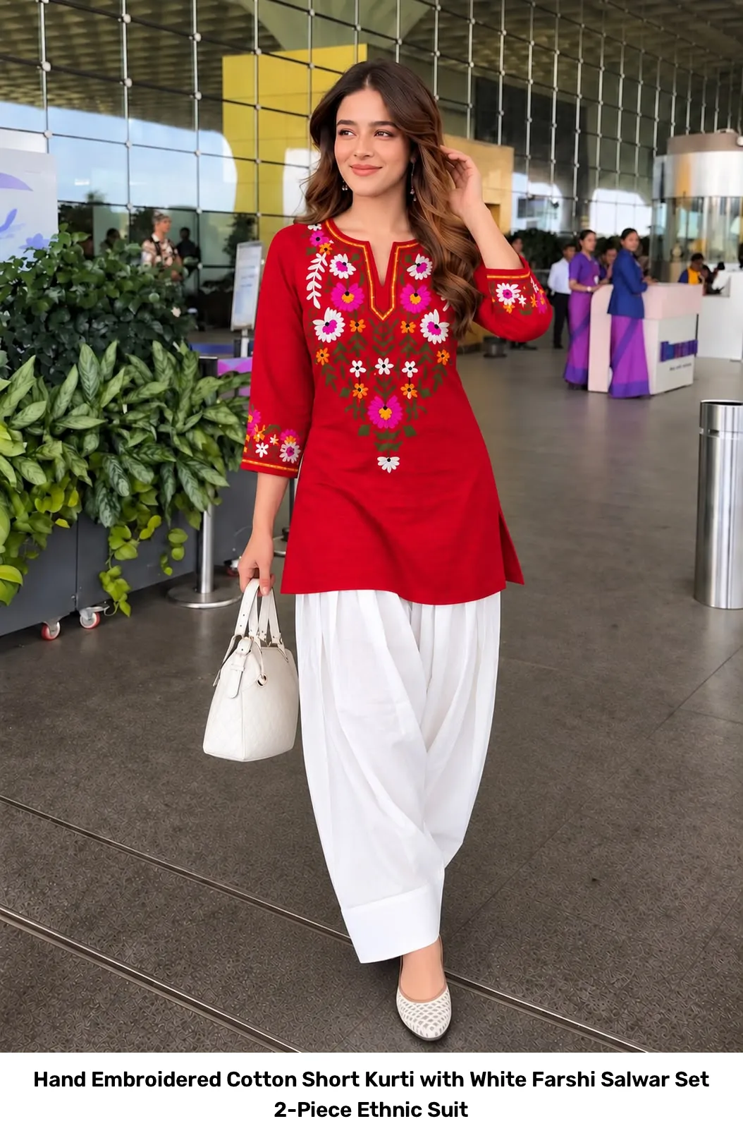 Hand Embroidered Cotton Short Kurti with White Farshi Salwar Set – 2-Piece Ethnic Suit 4