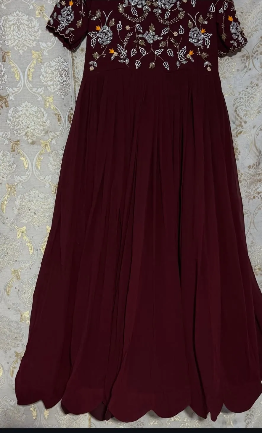 Hand Embroidered Georgette Anarkali Gown | Silver Sequin Rose Floral Work | Scalloped Neckline & Hem | Party & Wedding Wear | Custom Stitched