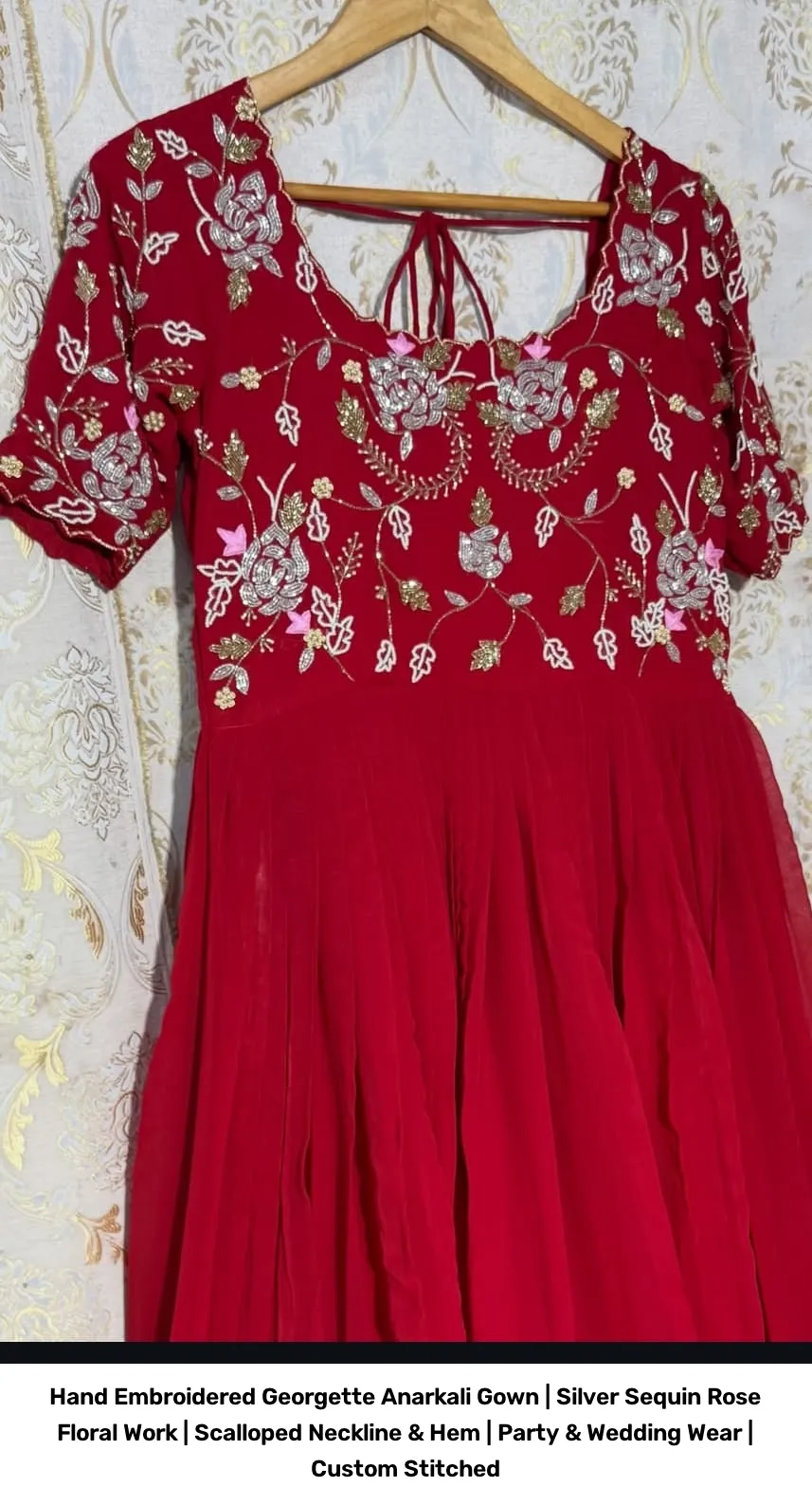 Hand Embroidered Georgette Anarkali Gown | Silver Sequin Rose Floral Work | Scalloped Neckline & Hem | Party & Wedding Wear | Custom Stitched 2