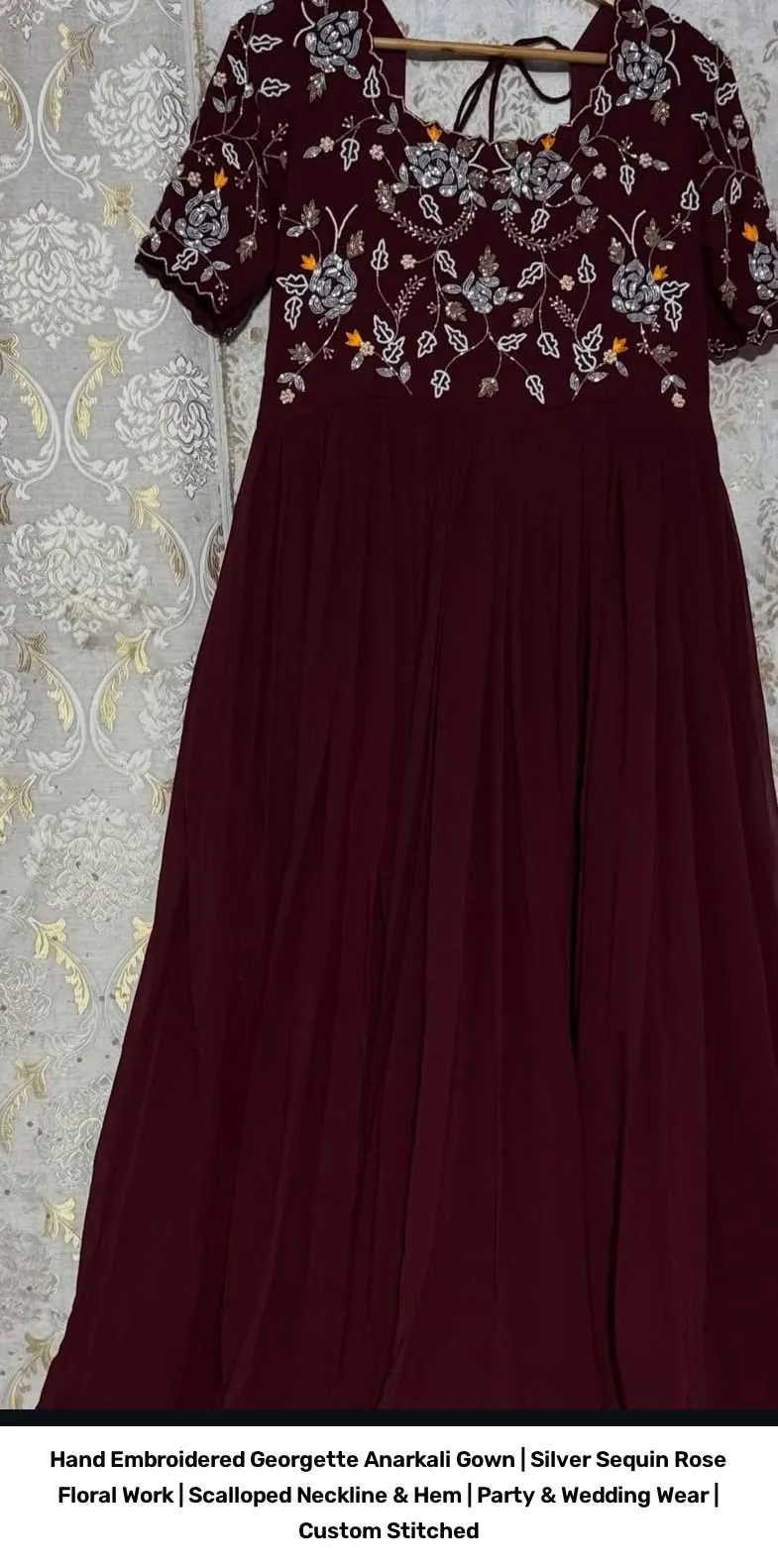 Hand Embroidered Georgette Anarkali Gown | Silver Sequin Rose Floral Work | Scalloped Neckline & Hem | Party & Wedding Wear | Custom Stitched 3