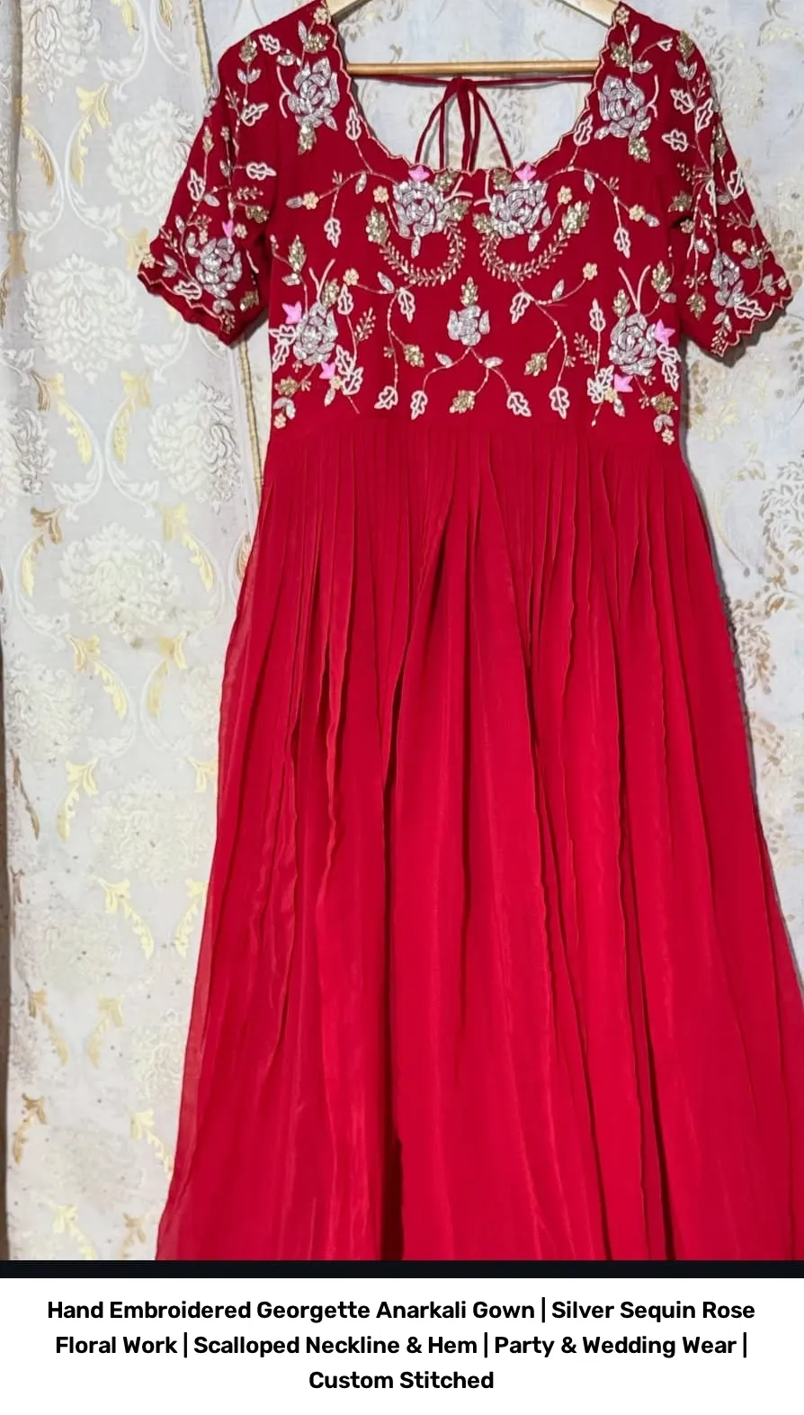 Hand Embroidered Georgette Anarkali Gown | Silver Sequin Rose Floral Work | Scalloped Neckline & Hem | Party & Wedding Wear | Custom Stitched 5