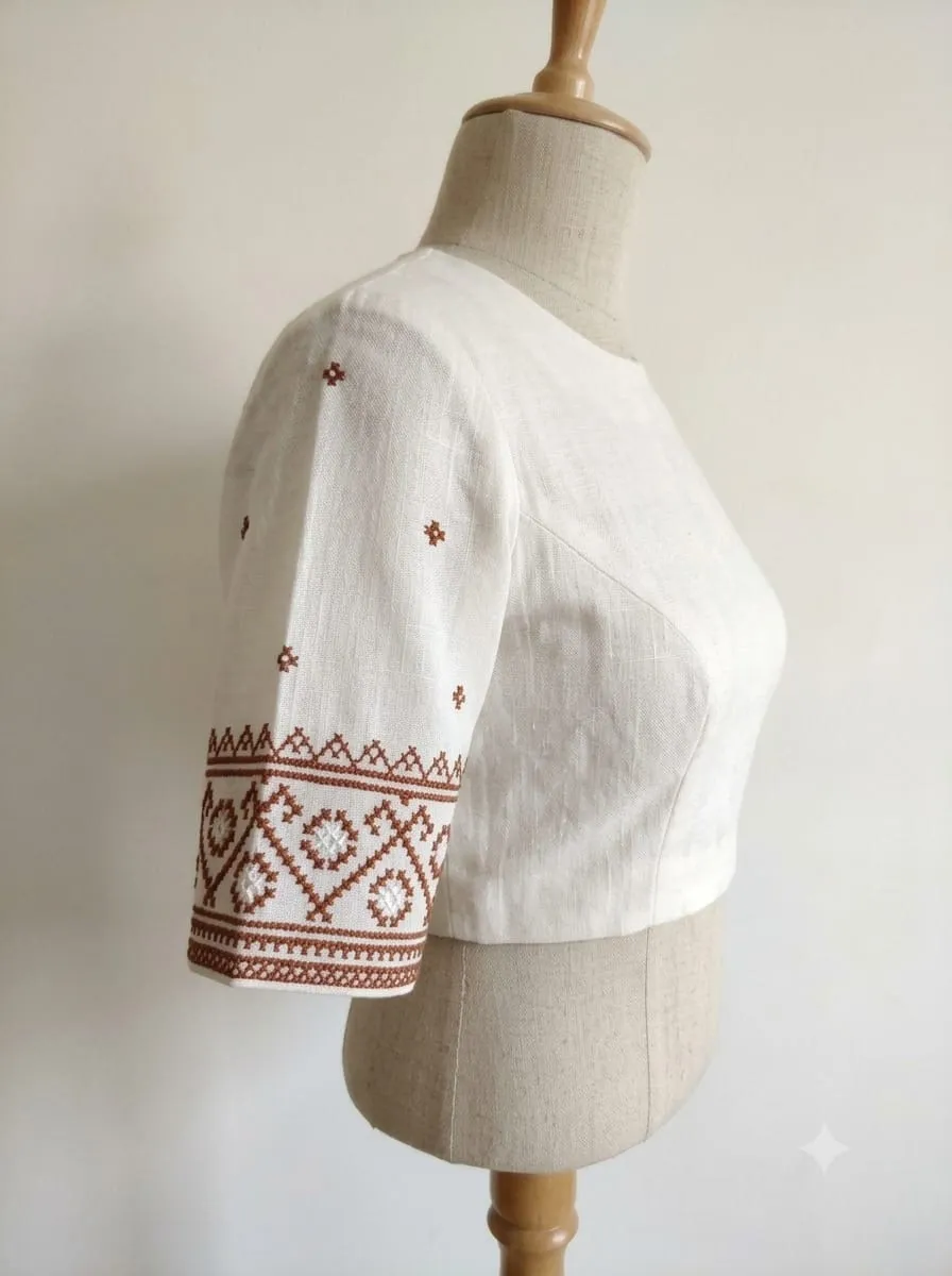 Hand Embroidered Kutch Work Silk Blouse, Minimalist Geometric Motif Sleeve Border, Boat Neck Ethnic Top for Linen & Silk Sarees