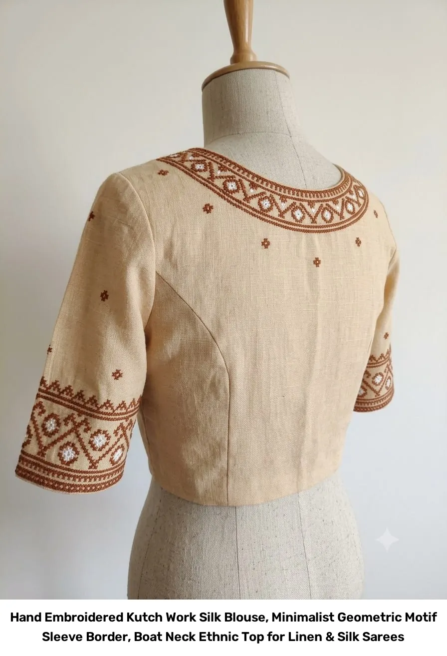 Hand Embroidered Kutch Work Silk Blouse, Minimalist Geometric Motif Sleeve Border, Boat Neck Ethnic Top for Linen & Silk Sarees 2