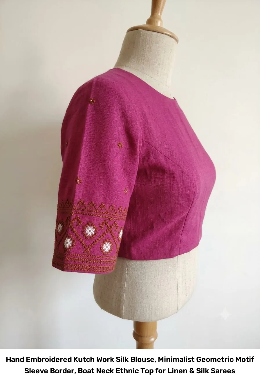 Hand Embroidered Kutch Work Silk Blouse, Minimalist Geometric Motif Sleeve Border, Boat Neck Ethnic Top for Linen & Silk Sarees 3