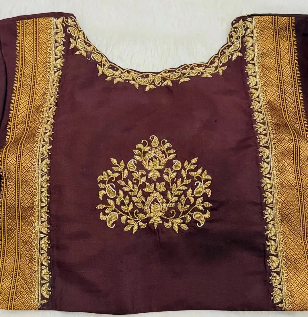 Hand-Embroidered Maroon Raw Silk Blouse