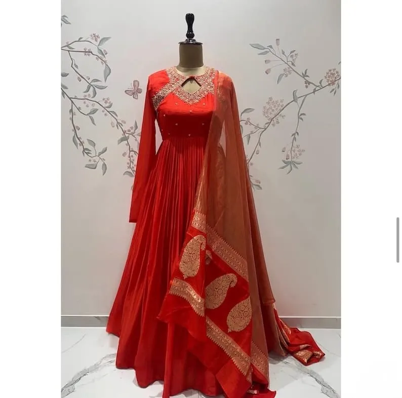 Hand Embroidered Silk Long Frock – Designer Full Sleeves Cutout Neck Anarkali Suit Set for Women