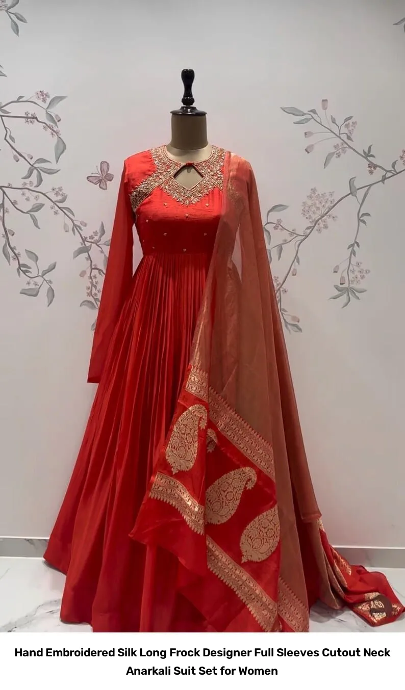 Hand Embroidered Silk Long Frock – Designer Full Sleeves Cutout Neck Anarkali Suit Set for Women 3