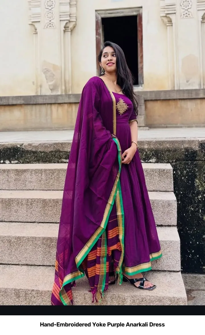 Hand-Embroidered Yoke Purple Anarkali Dress 2