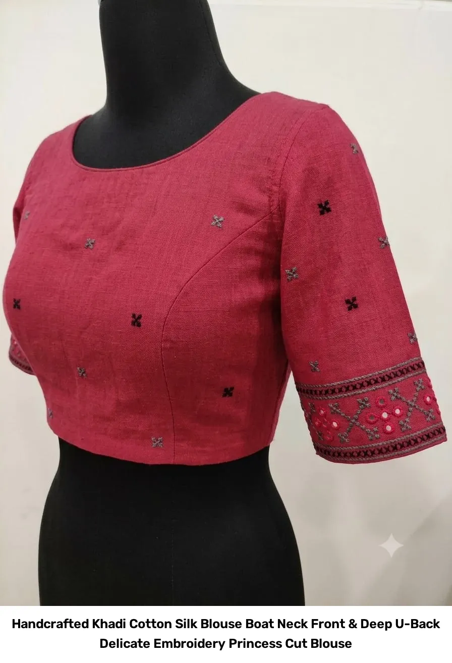 Handcrafted Khadi Cotton Silk Blouse – Boat Neck Front & Deep U-Back Delicate Embroidery Princess Cut Blouse 2