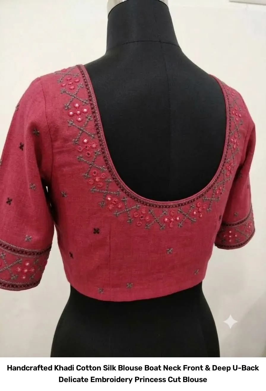 Handcrafted Khadi Cotton Silk Blouse – Boat Neck Front & Deep U-Back Delicate Embroidery Princess Cut Blouse 3