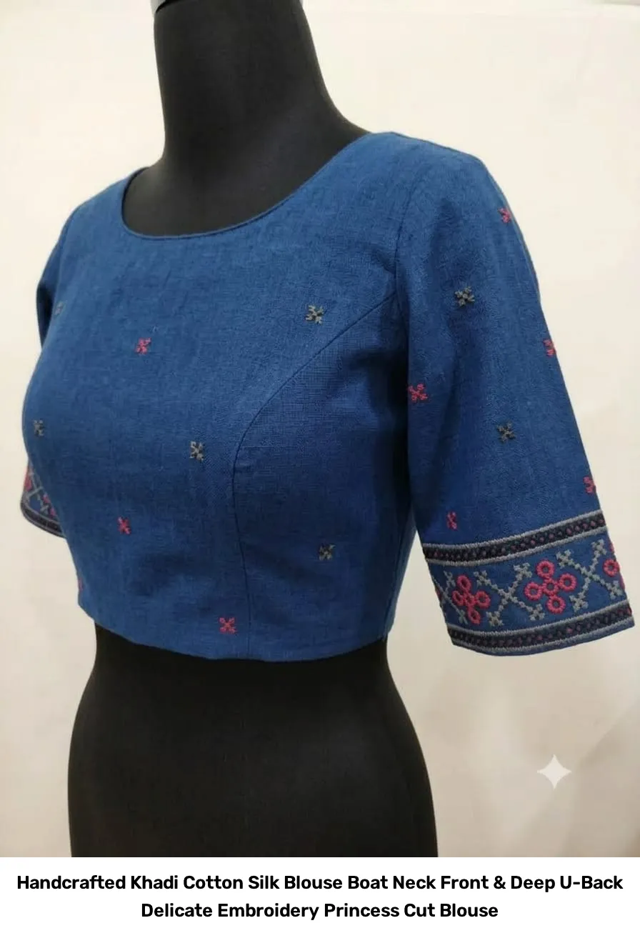 Handcrafted Khadi Cotton Silk Blouse – Boat Neck Front & Deep U-Back Delicate Embroidery Princess Cut Blouse 4