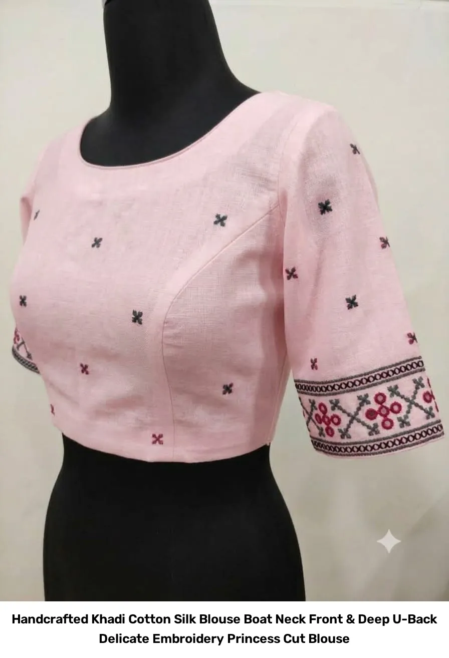 Handcrafted Khadi Cotton Silk Blouse – Boat Neck Front & Deep U-Back Delicate Embroidery Princess Cut Blouse 5