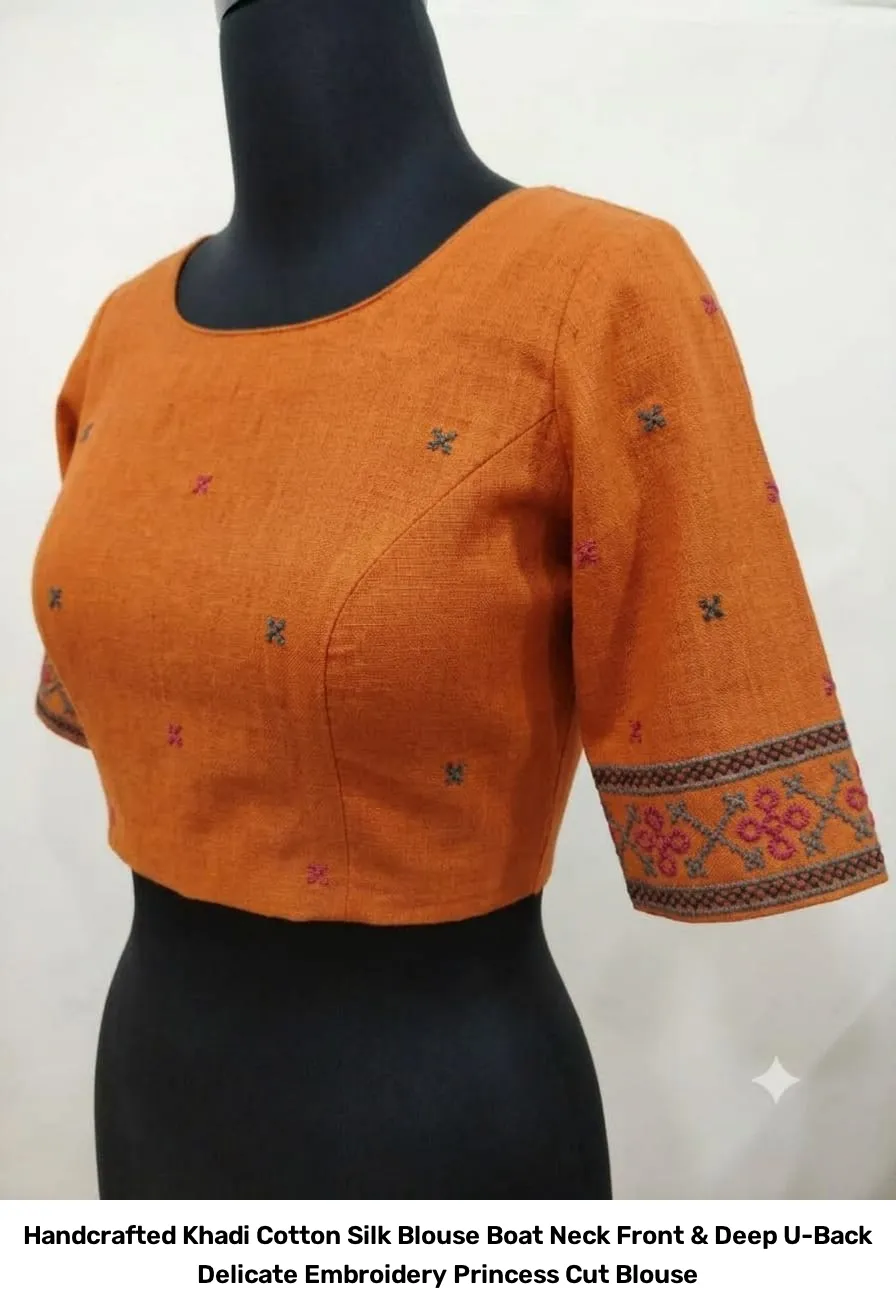 Handcrafted Khadi Cotton Silk Blouse – Boat Neck Front & Deep U-Back Delicate Embroidery Princess Cut Blouse 6