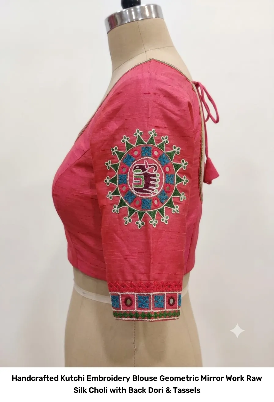 Handcrafted Kutchi Embroidery Blouse – Geometric Mirror Work Raw Silk Choli with Back Dori & Tassels 2