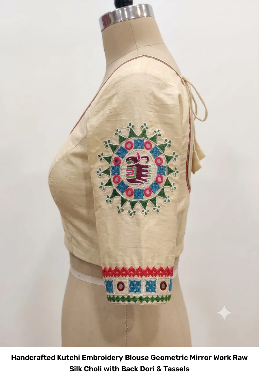 Handcrafted Kutchi Embroidery Blouse – Geometric Mirror Work Raw Silk Choli with Back Dori & Tassels 3