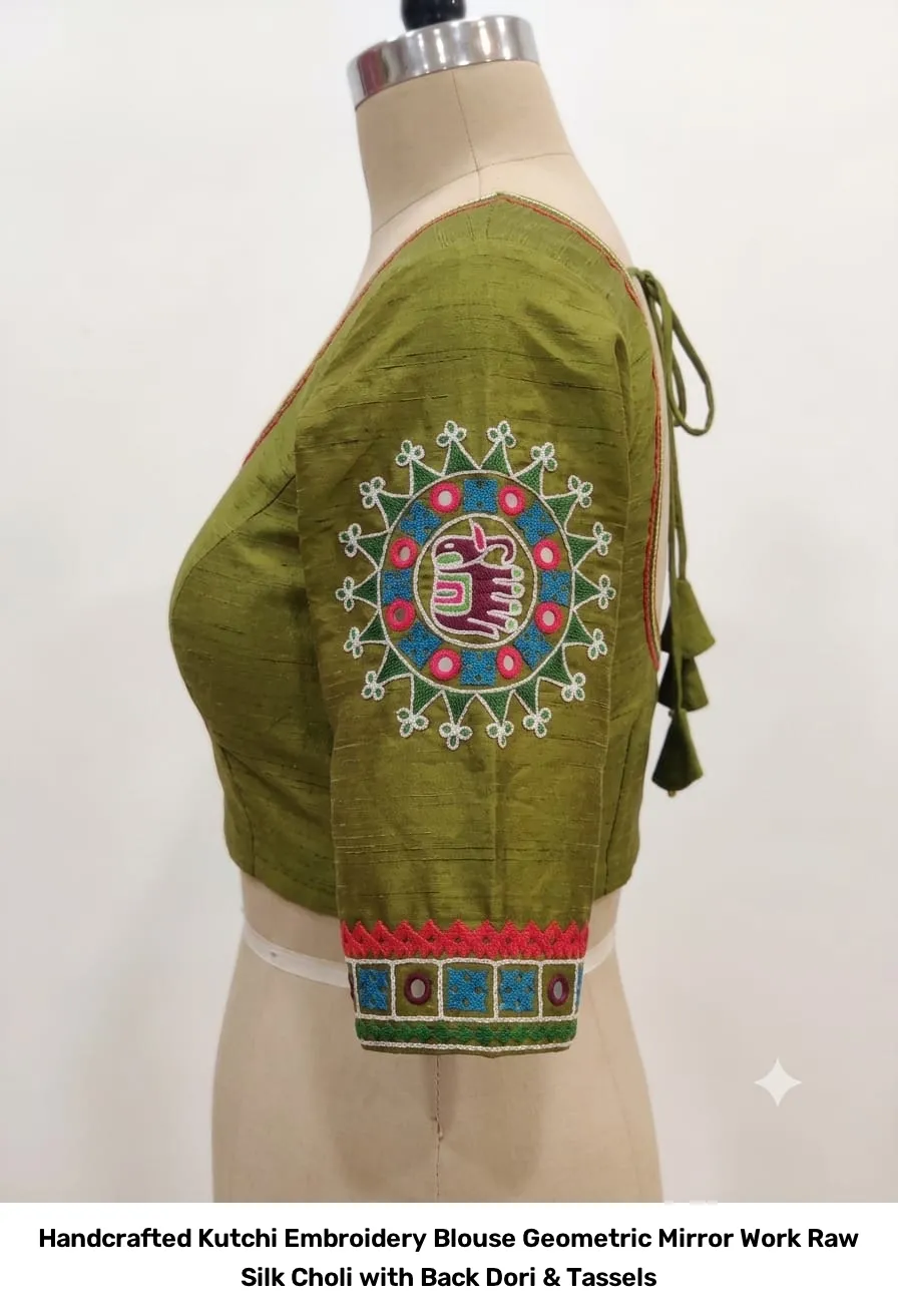 Handcrafted Kutchi Embroidery Blouse – Geometric Mirror Work Raw Silk Choli with Back Dori & Tassels 4