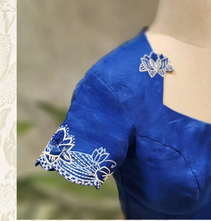 Handcrafted Lotus Embroidered Party Wear Blue Blouse