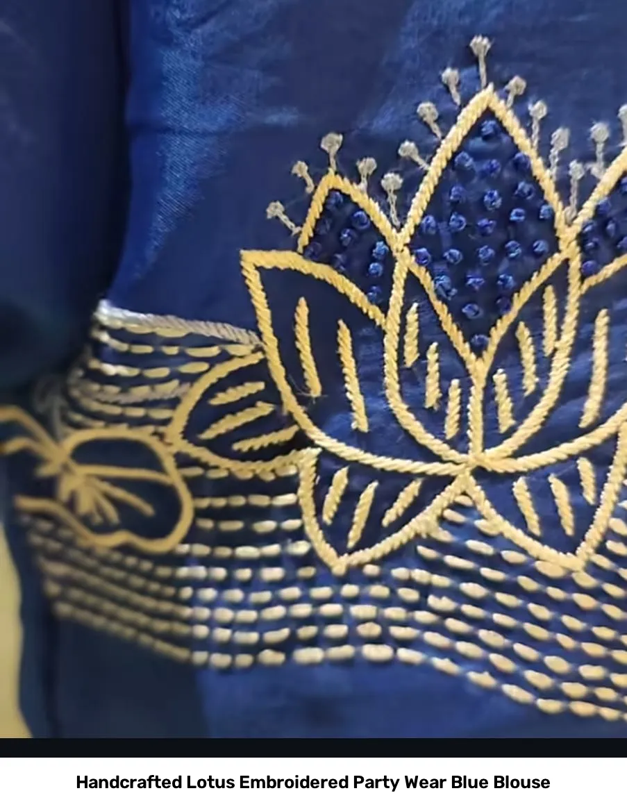 Handcrafted Lotus Embroidered Party Wear Blue Blouse 2