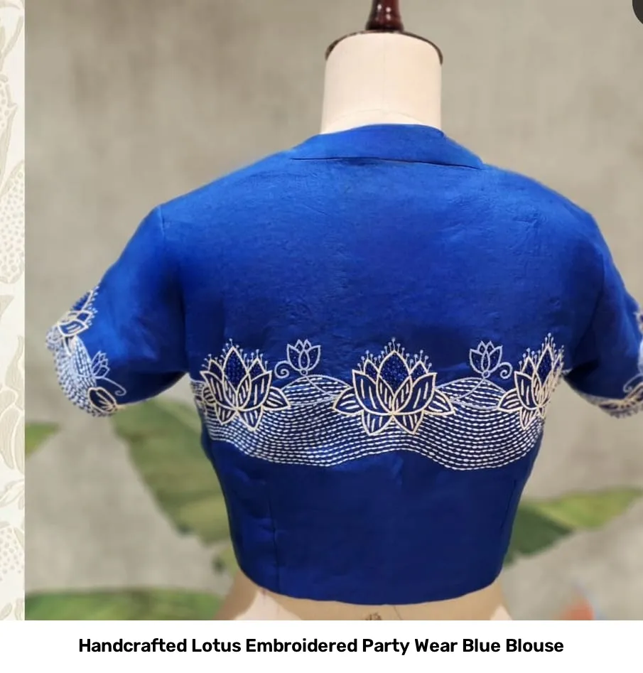 Handcrafted Lotus Embroidered Party Wear Blue Blouse 3
