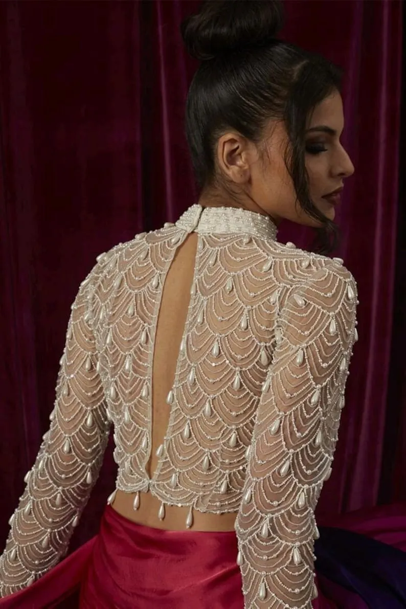 Handcrafted Pearl Beaded Saree Blouse | Bridal High Neck Crop Top