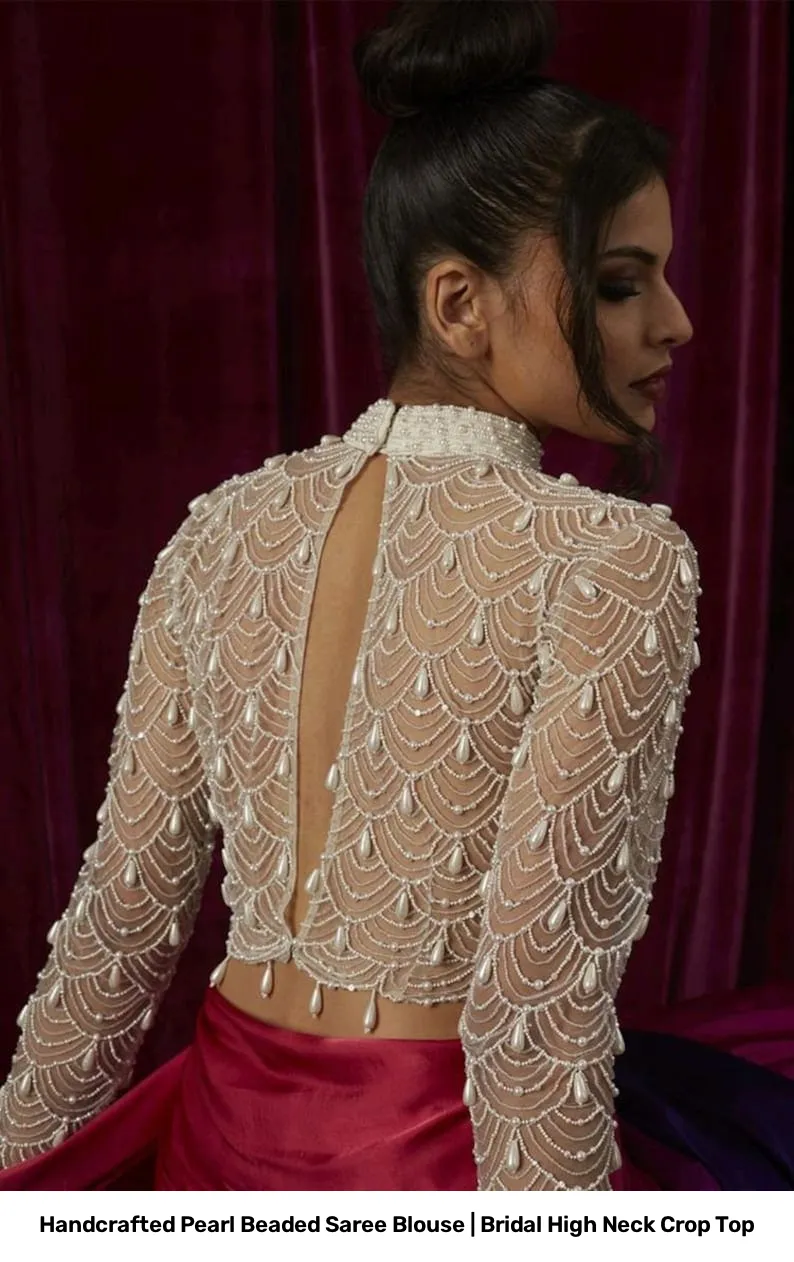 Handcrafted Pearl Beaded Saree Blouse | Bridal High Neck Crop Top 2