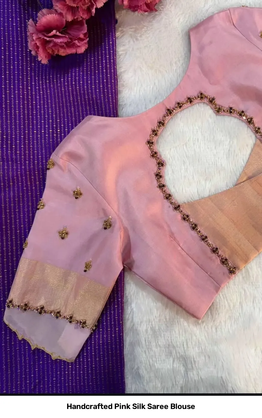 Handcrafted Pink Silk Saree Blouse 4