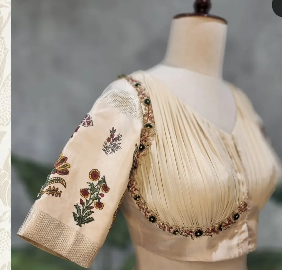 Handcrafted Pleated Silk Blouse With Floral Motifs