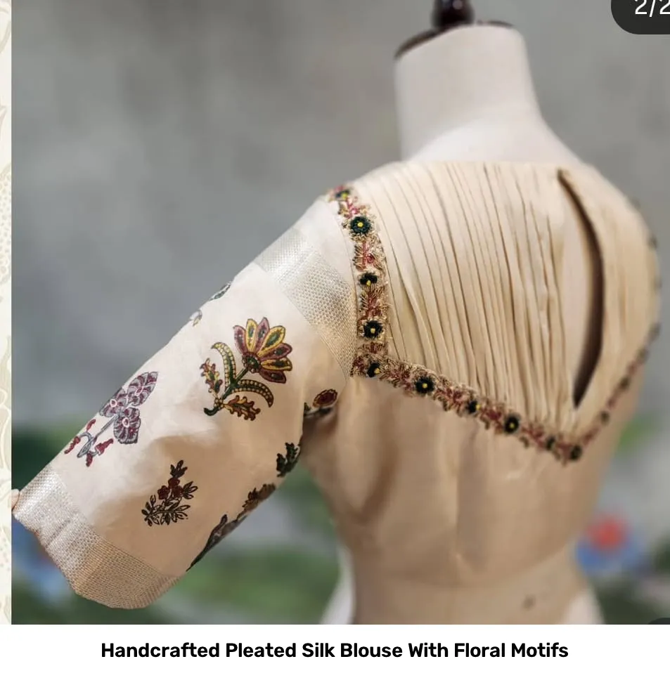 Handcrafted Pleated Silk Blouse With Floral Motifs 2