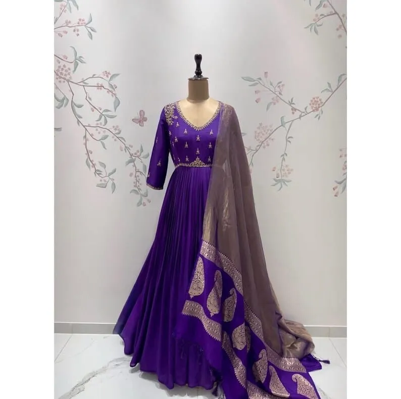 Handcrafted Zardozi Embroidered Silk Anarkali Suit Set – Pleated Party Wear Long Frock for Women
