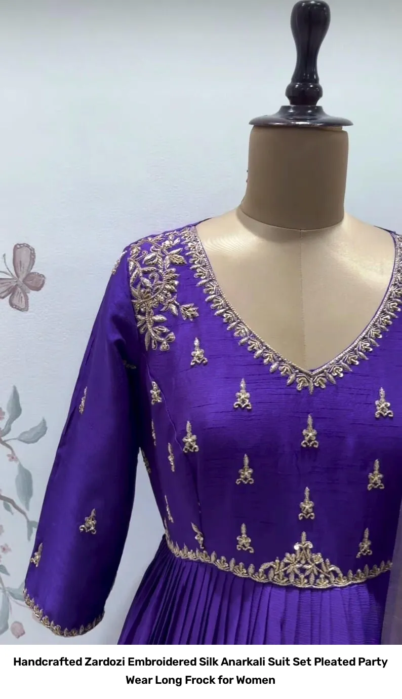 Handcrafted Zardozi Embroidered Silk Anarkali Suit Set – Pleated Party Wear Long Frock for Women 10