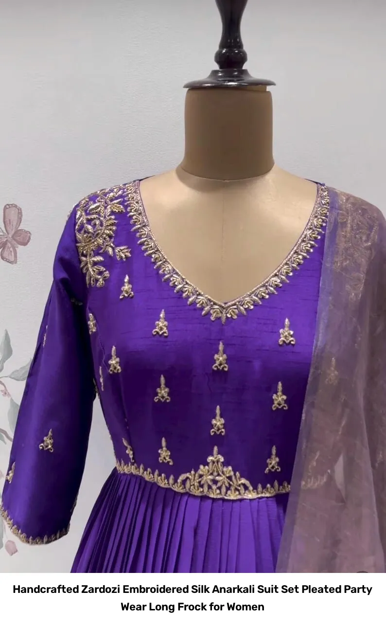 Handcrafted Zardozi Embroidered Silk Anarkali Suit Set – Pleated Party Wear Long Frock for Women 11
