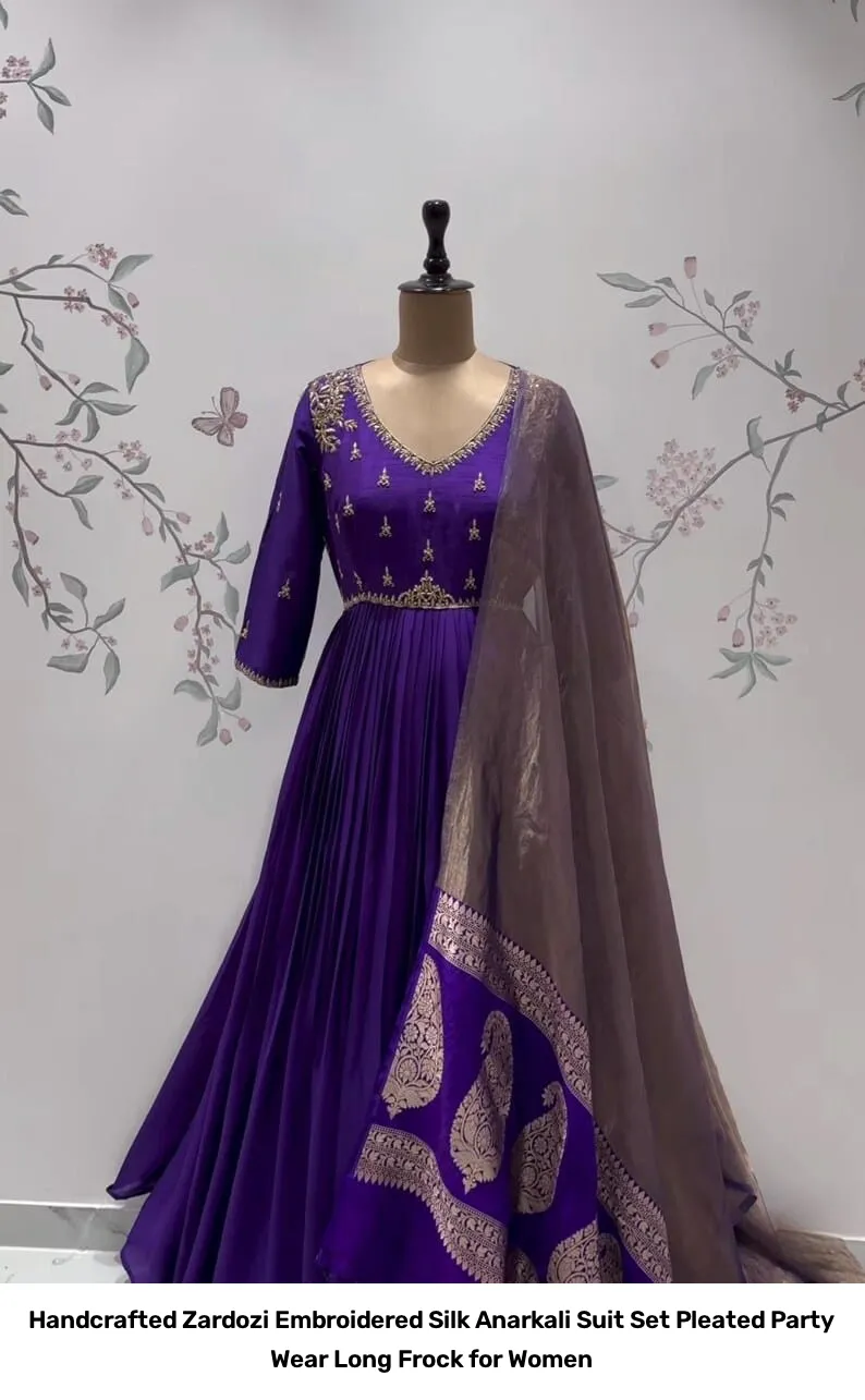 Handcrafted Zardozi Embroidered Silk Anarkali Suit Set – Pleated Party Wear Long Frock for Women 12