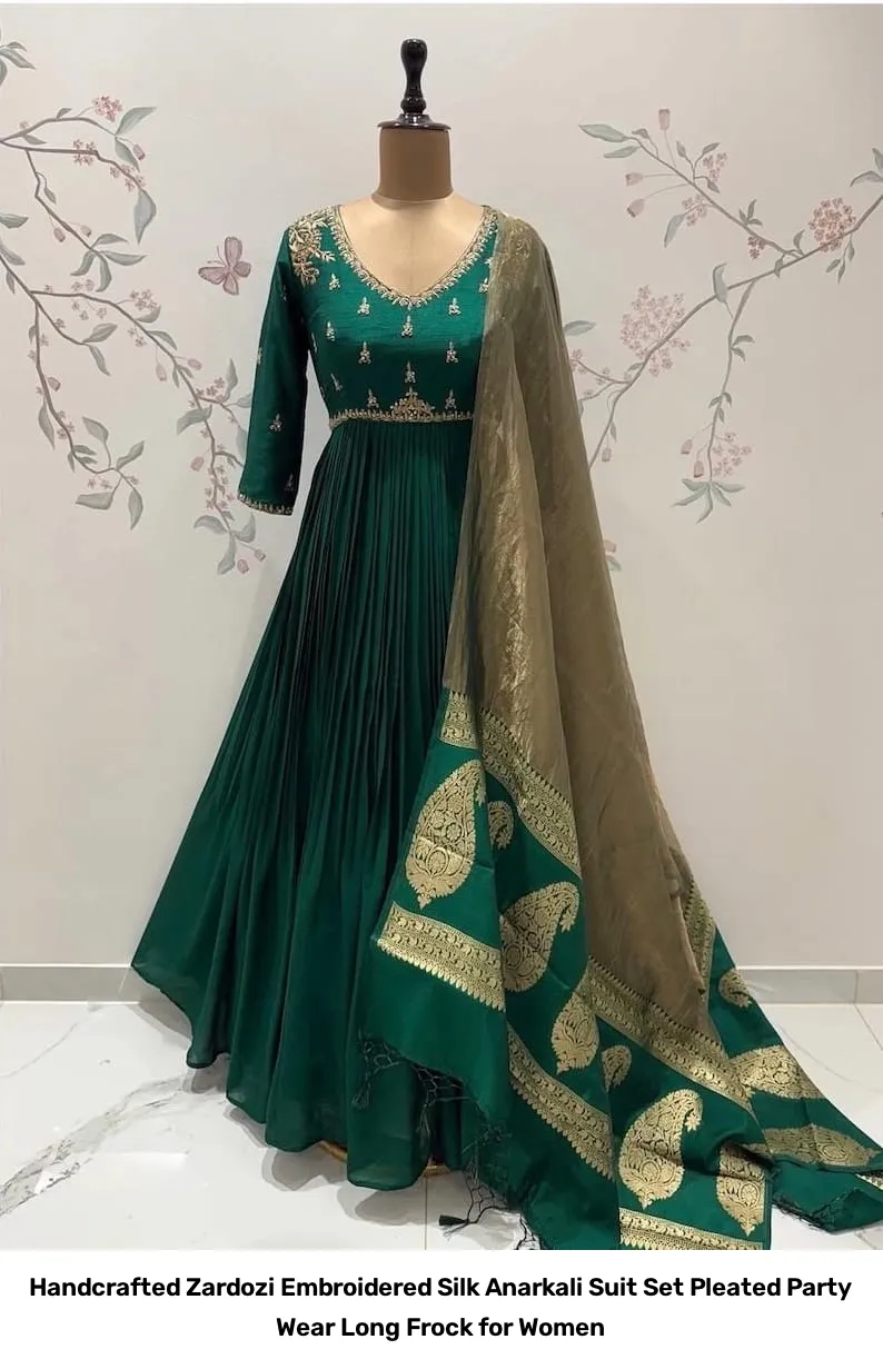 Handcrafted Zardozi Embroidered Silk Anarkali Suit Set – Pleated Party Wear Long Frock for Women 13