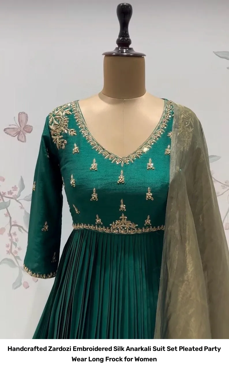 Handcrafted Zardozi Embroidered Silk Anarkali Suit Set – Pleated Party Wear Long Frock for Women 14