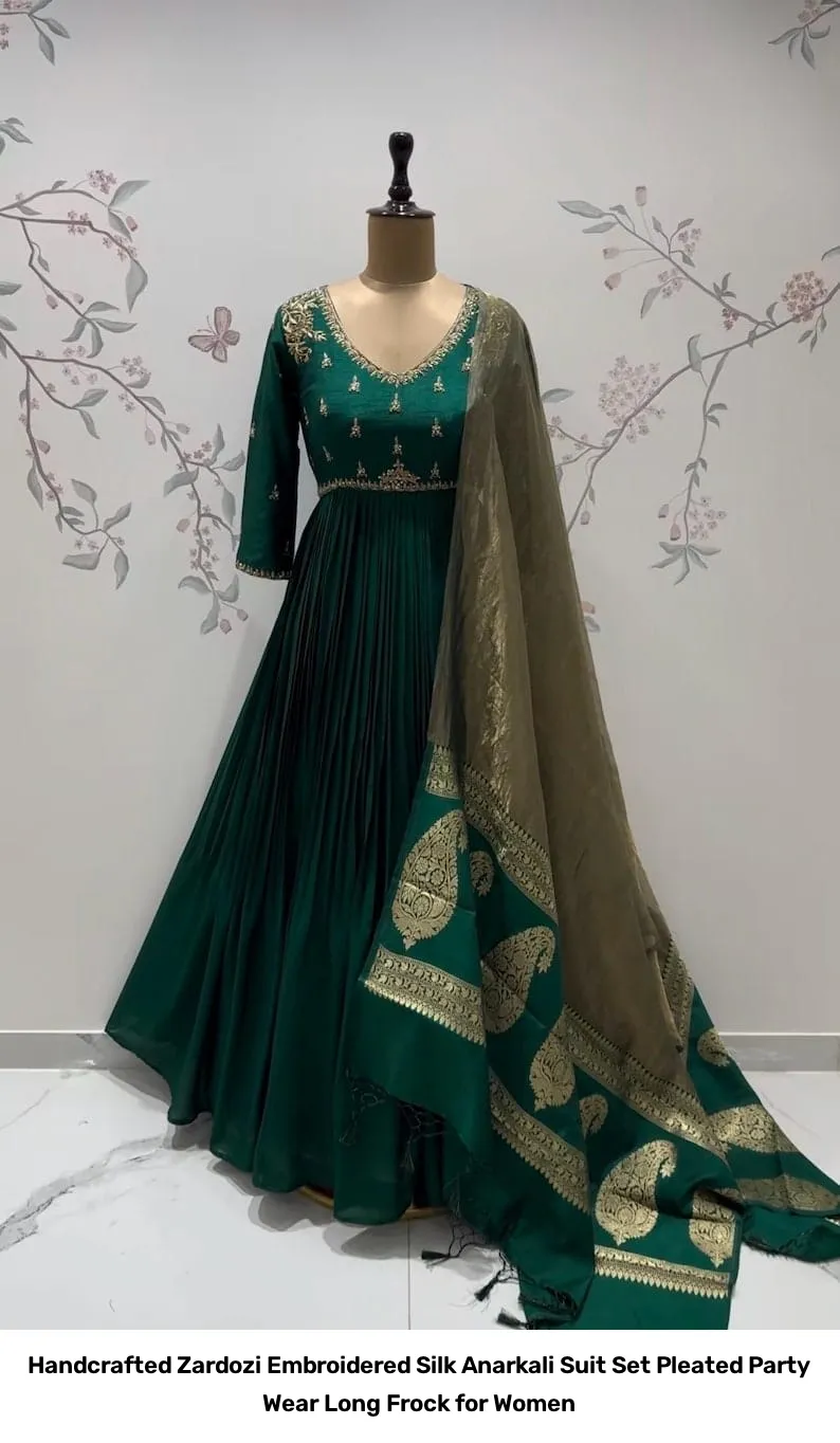 Handcrafted Zardozi Embroidered Silk Anarkali Suit Set – Pleated Party Wear Long Frock for Women 15