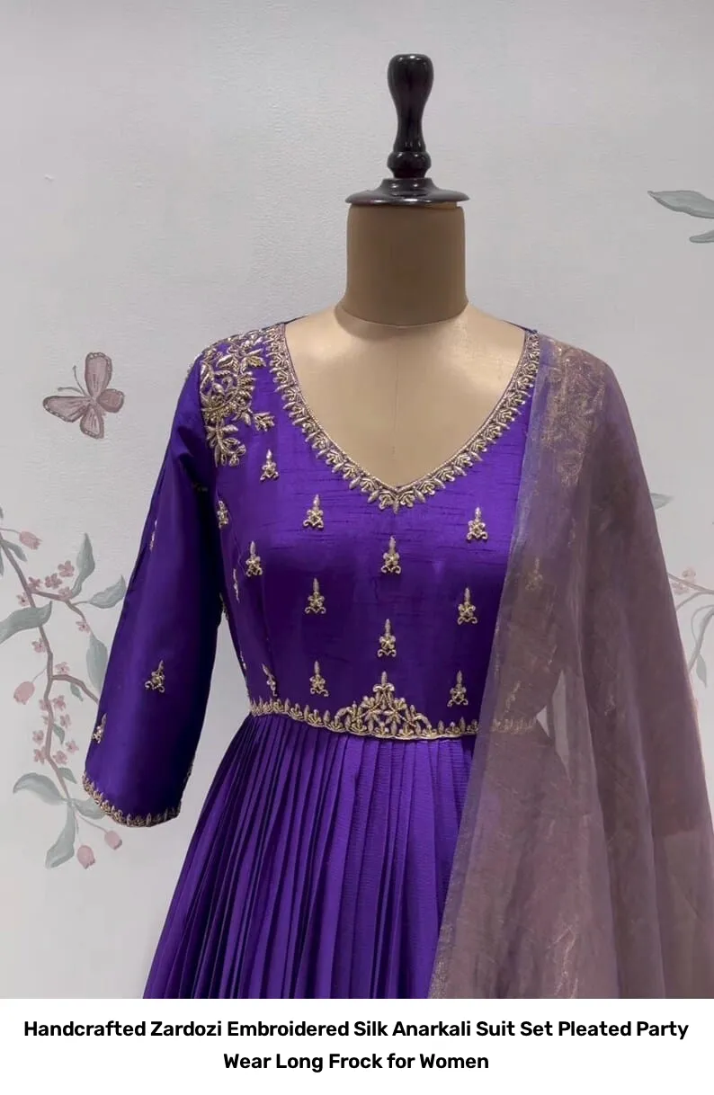 Handcrafted Zardozi Embroidered Silk Anarkali Suit Set – Pleated Party Wear Long Frock for Women 16