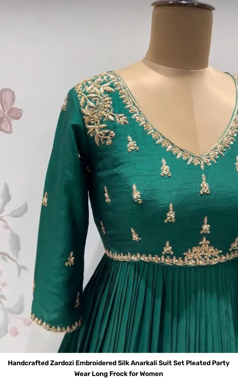 Handcrafted Zardozi Embroidered Silk Anarkali Suit Set – Pleated Party Wear Long Frock for Women 2