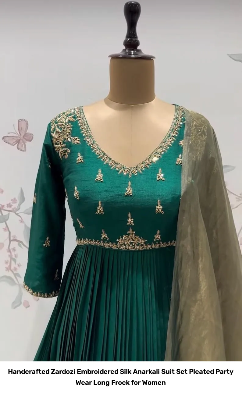Handcrafted Zardozi Embroidered Silk Anarkali Suit Set – Pleated Party Wear Long Frock for Women 3