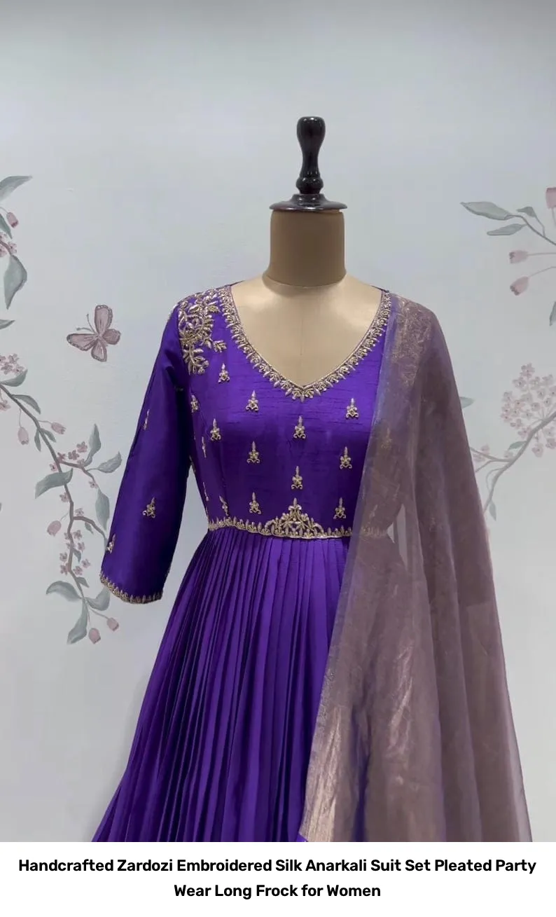 Handcrafted Zardozi Embroidered Silk Anarkali Suit Set – Pleated Party Wear Long Frock for Women 4