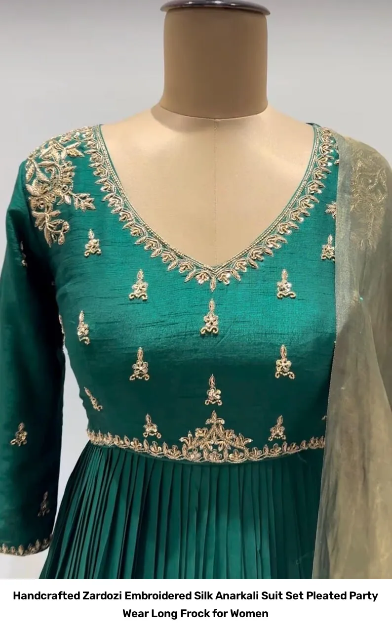 Handcrafted Zardozi Embroidered Silk Anarkali Suit Set – Pleated Party Wear Long Frock for Women 5