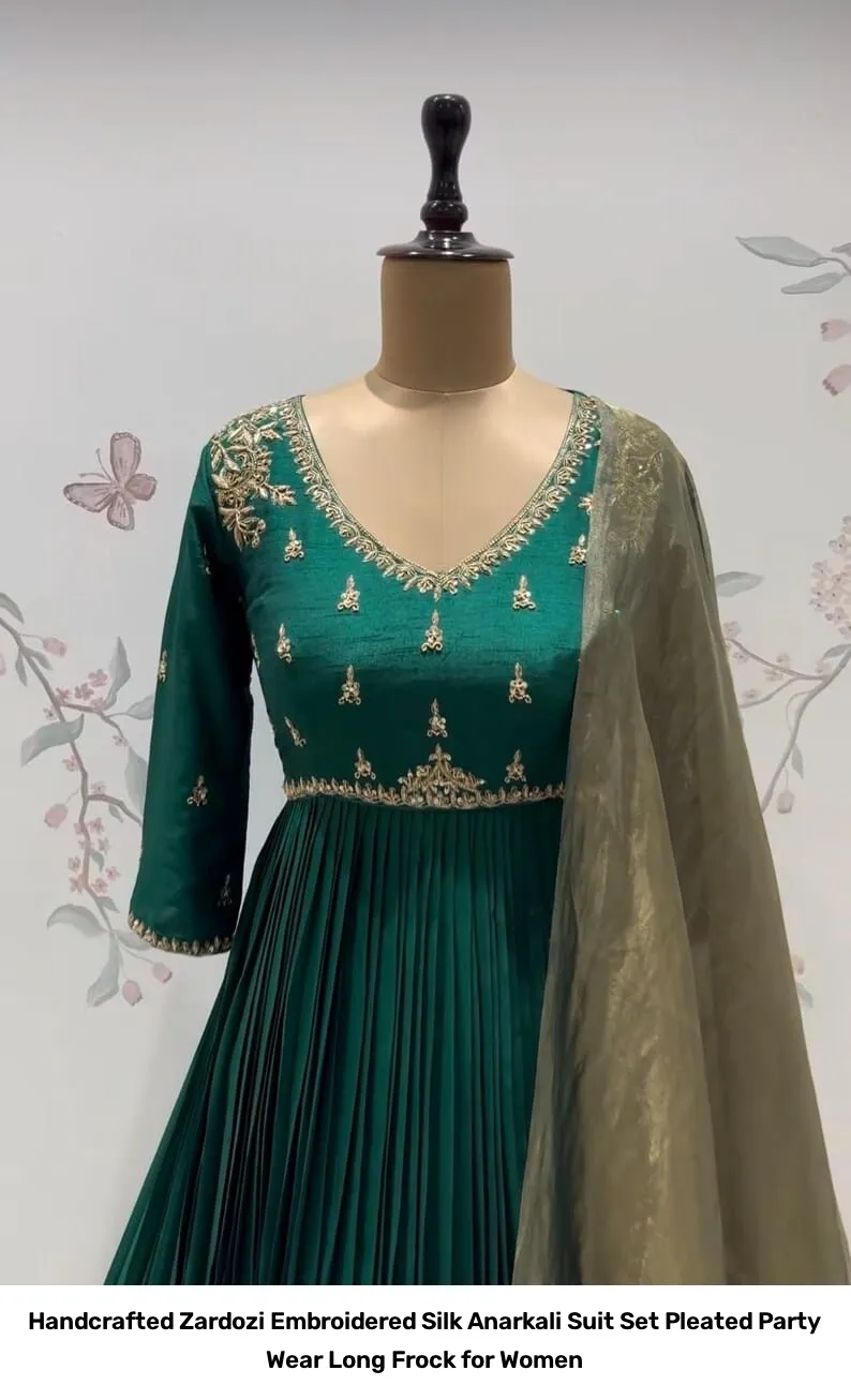 Handcrafted Zardozi Embroidered Silk Anarkali Suit Set – Pleated Party Wear Long Frock for Women 6
