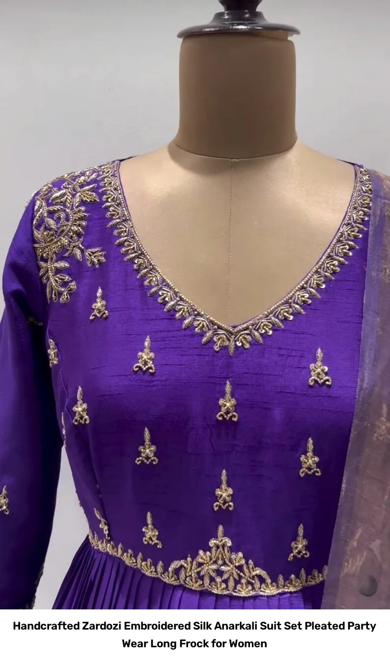 Handcrafted Zardozi Embroidered Silk Anarkali Suit Set – Pleated Party Wear Long Frock for Women 7