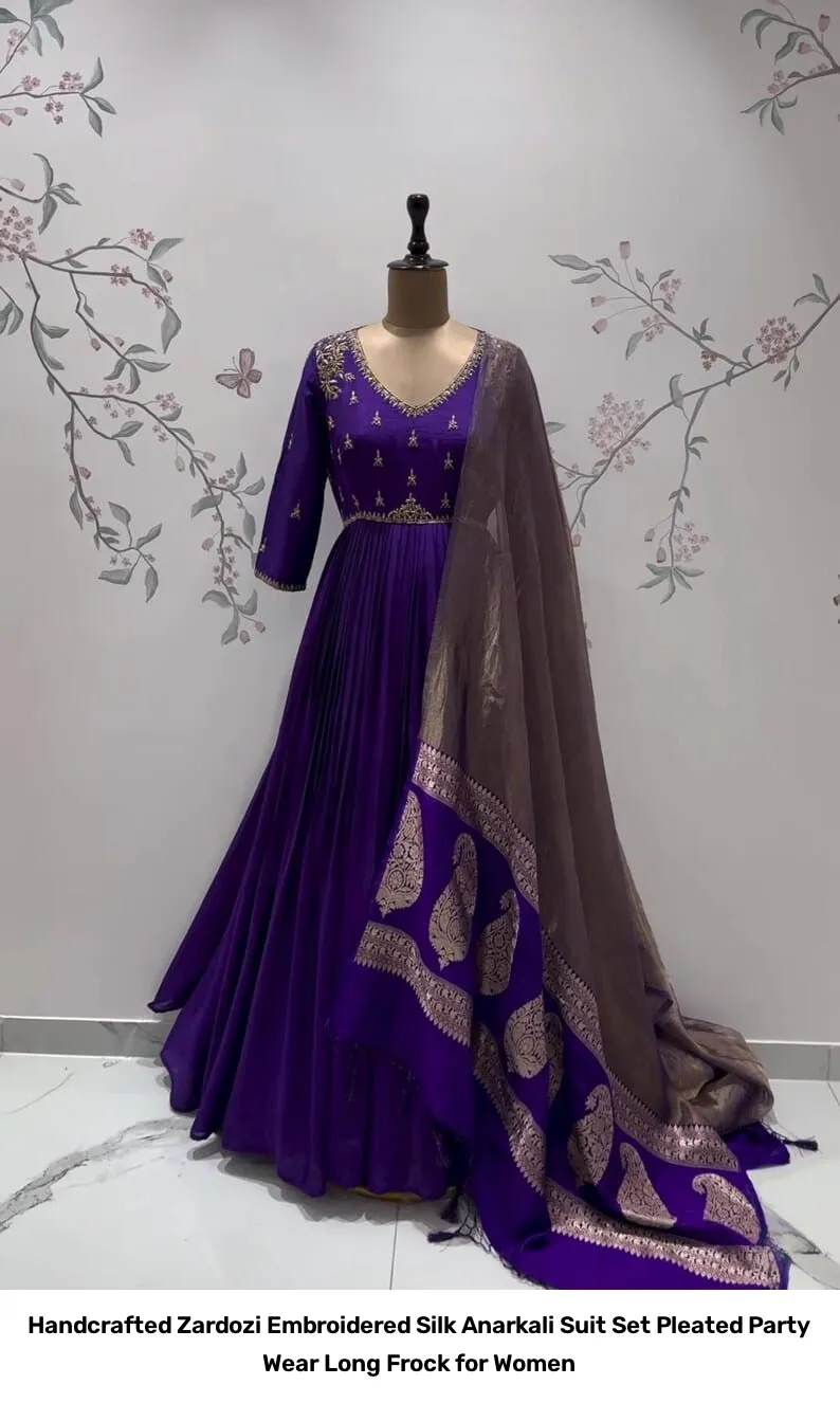 Handcrafted Zardozi Embroidered Silk Anarkali Suit Set – Pleated Party Wear Long Frock for Women 8