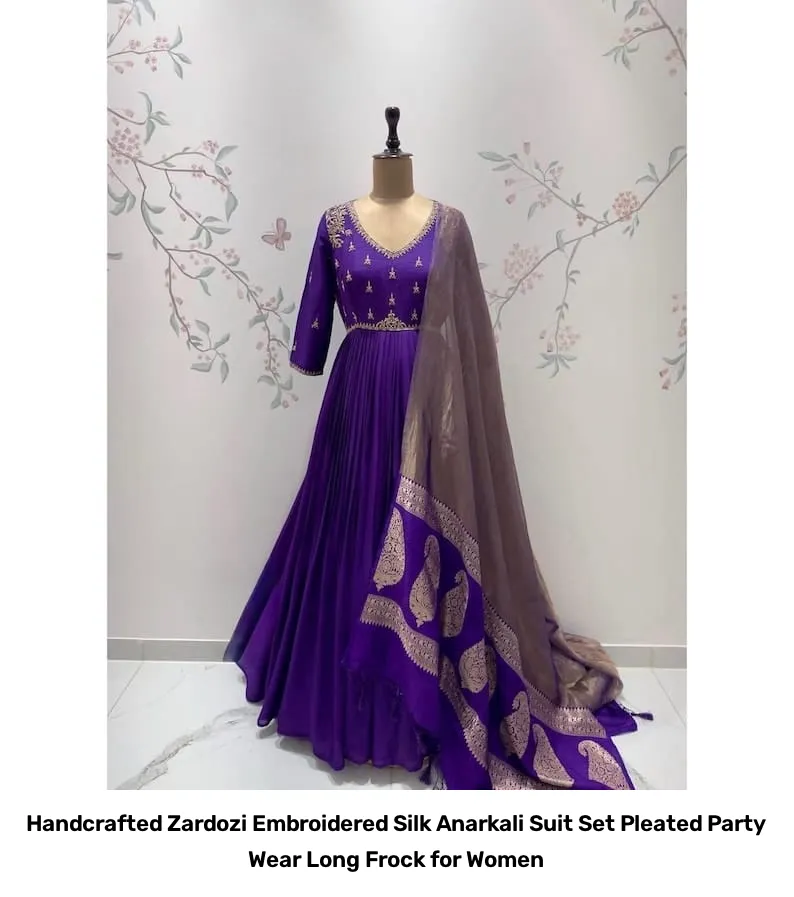 Handcrafted Zardozi Embroidered Silk Anarkali Suit Set – Pleated Party Wear Long Frock for Women 9