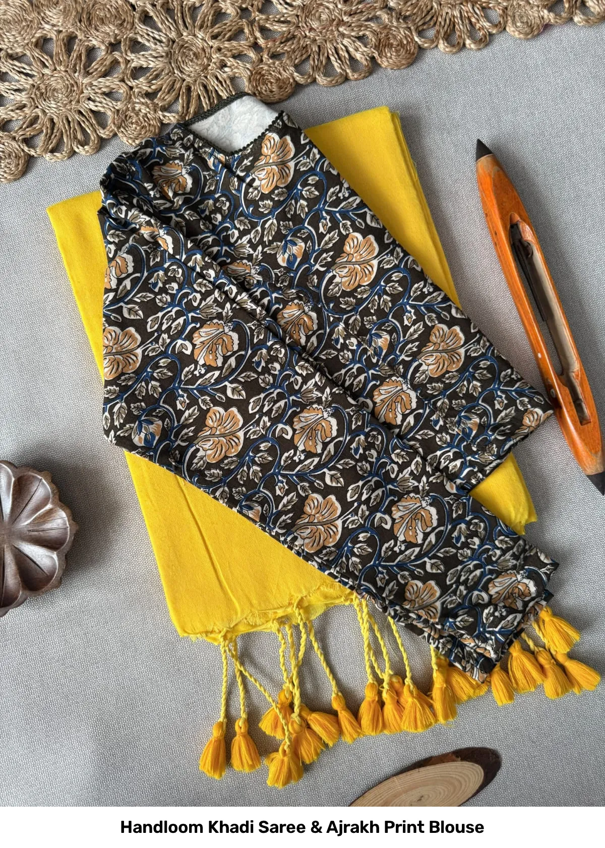 Handloom Khadi Saree & Ajrakh Print Blouse 10