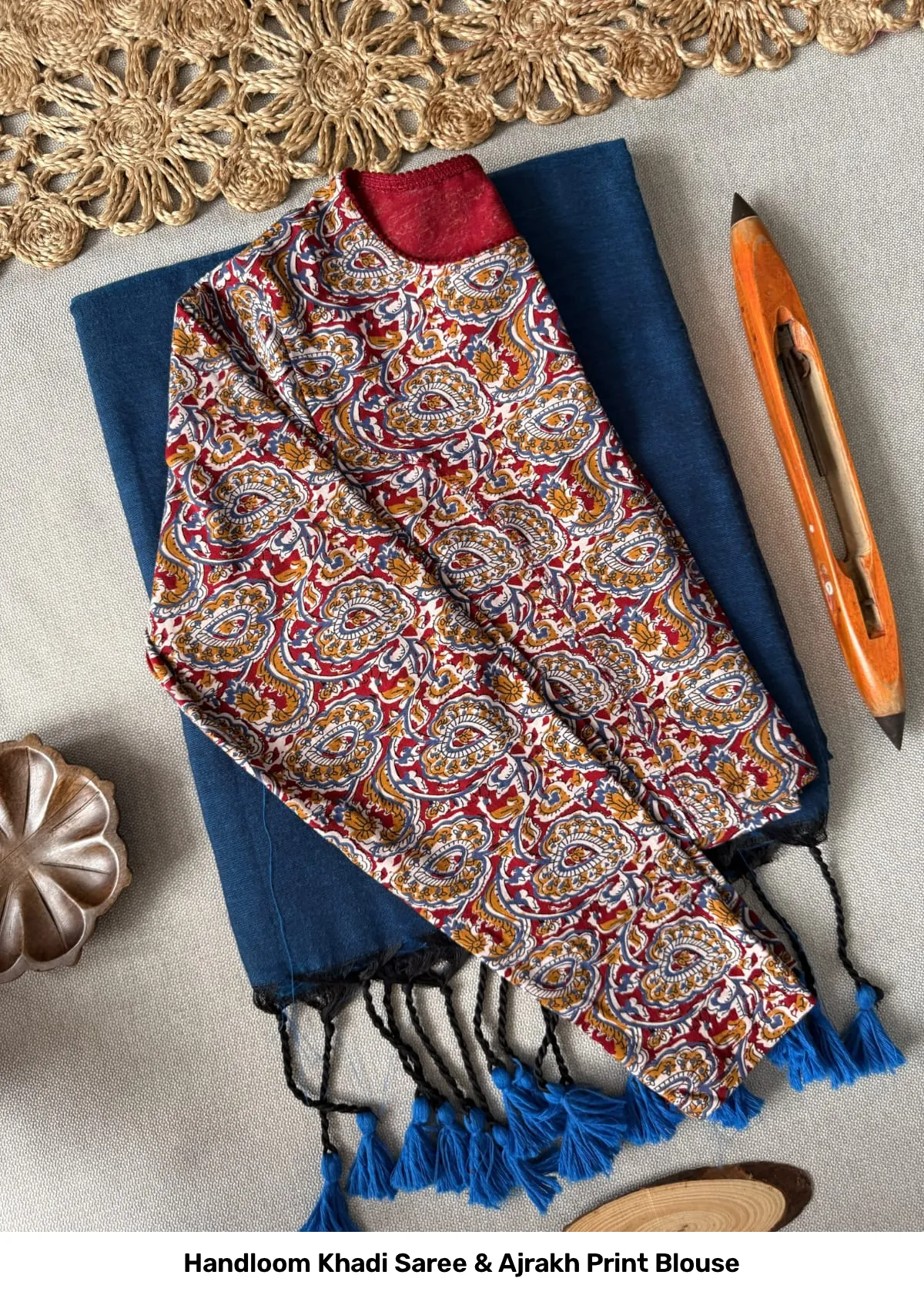Handloom Khadi Saree & Ajrakh Print Blouse 11